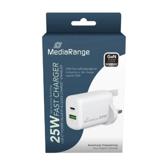 MediaRange GaN Fast Charging Adapter UK Plug 1xUSB-C and 1xUSB-A
