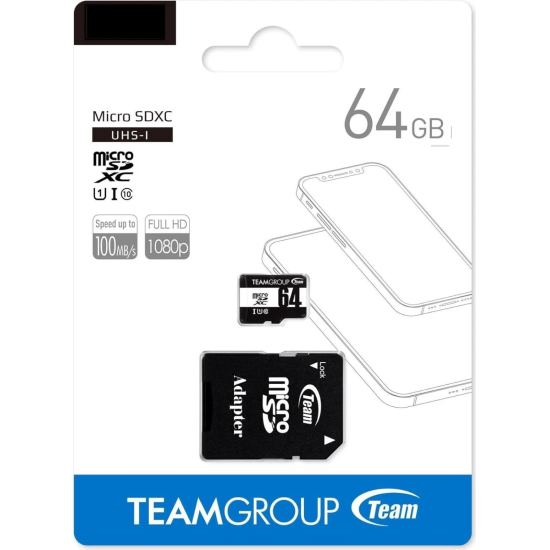 Team 64GB Micro SDXC UHS-1 Class 10 Flash Card with Adapter High-Speed Memory Storage